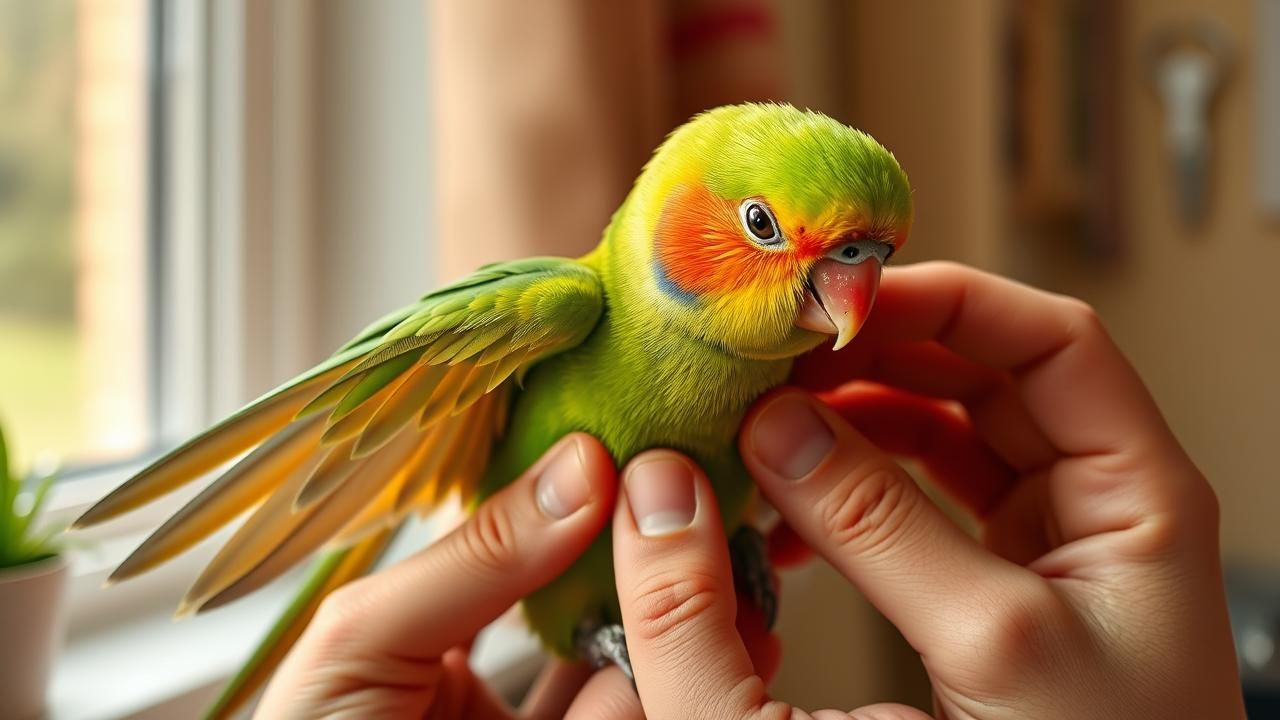 Close-up of hands gently inspecting a lovebird's wing feathers in a home setting