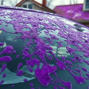 Car windshield covered in purple bird droppings with insurance documents visible on dashboard