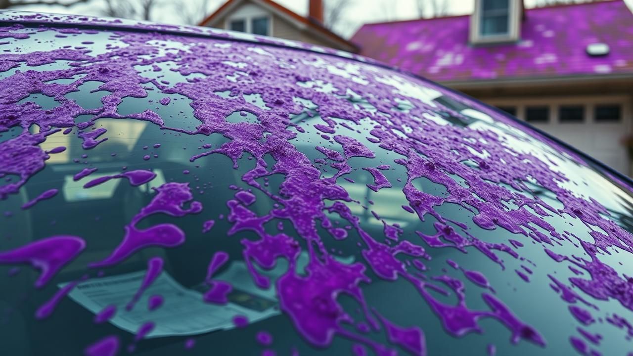 Car windshield covered in purple bird droppings with insurance documents visible on dashboard