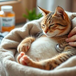 Pregnant cat with visible belly resting in cozy nest, human hand gently touching showing care