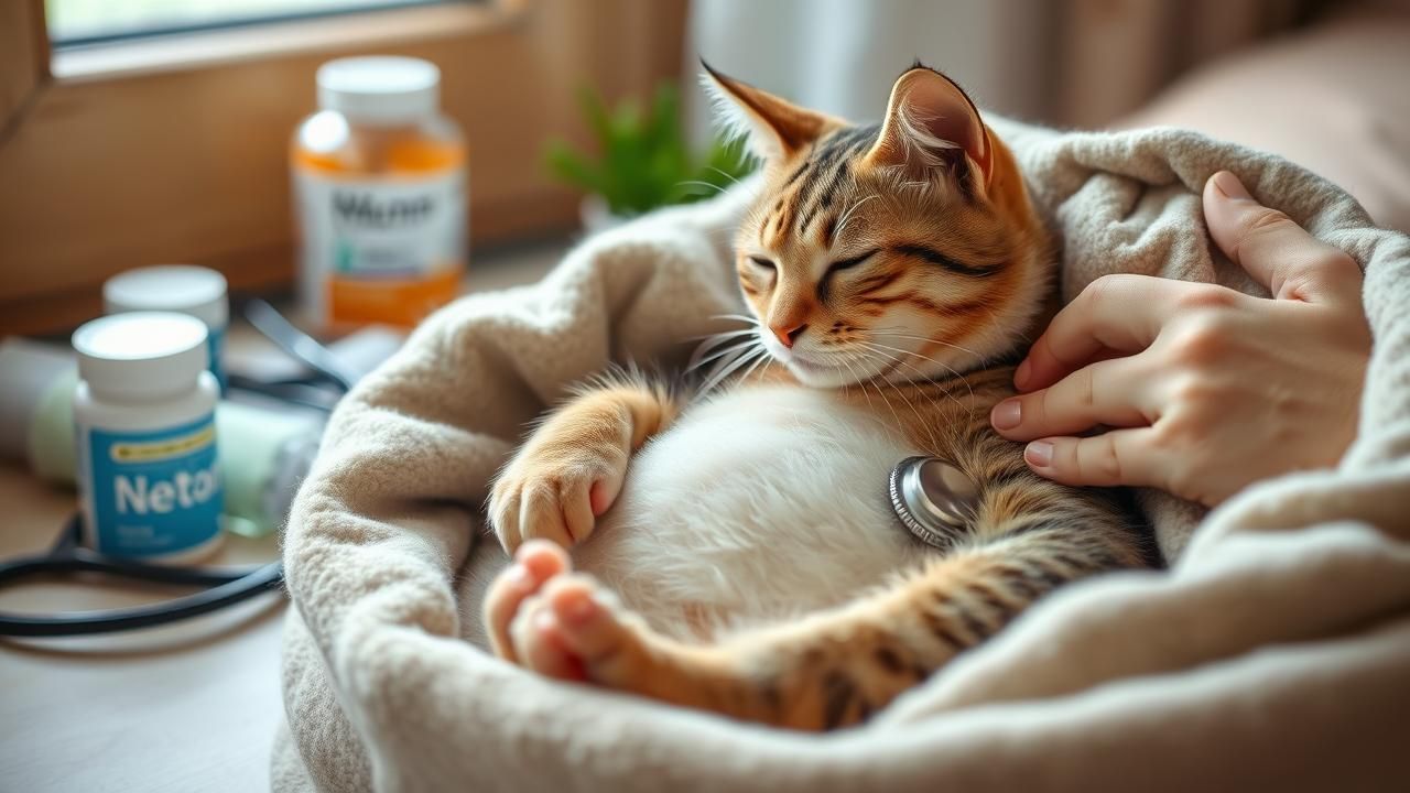 Pregnant cat with visible belly resting in cozy nest, human hand gently touching showing care