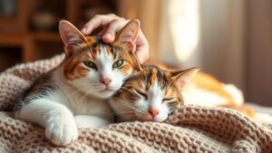 A calico cat comfortably resting on a soft blanket, with a gentle hand petting its head. The overall mood is warm, caring, and safe.