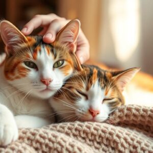 A calico cat comfortably resting on a soft blanket, with a gentle hand petting its head. The overall mood is warm, caring, and safe.