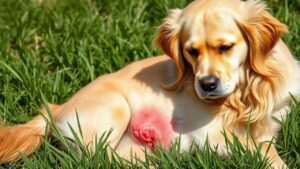 A dog with a grass allergy scratching its red, irritated skin in a grassy field.