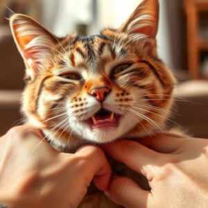 A female cat affectionately rubbing against her owner's leg, showing a sign of being in heat.