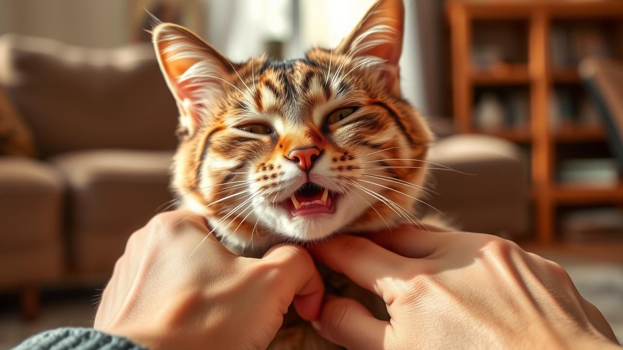 A female cat affectionately rubbing against her owner's leg, showing a sign of being in heat.