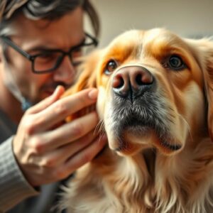 A person smelling their dog's ear to check for odor.