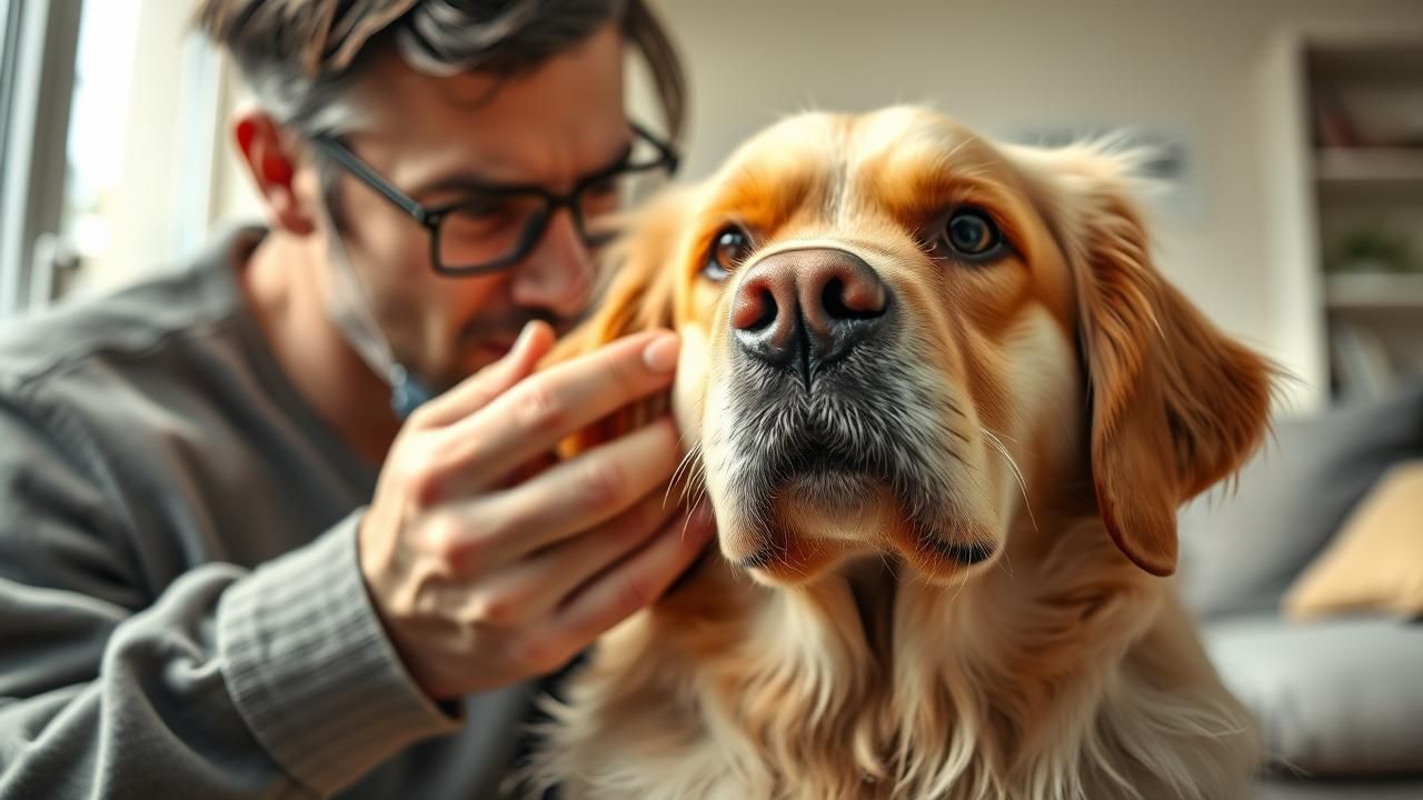 A person smelling their dog's ear to check for odor.