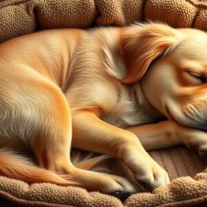 A calm golden retriever sleeping in its bed, illustrating the topic of a dog's normal breathing patterns during sleep.