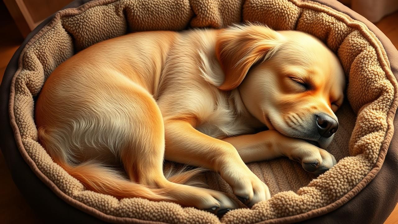 A calm golden retriever sleeping in its bed, illustrating the topic of a dog's normal breathing patterns during sleep.