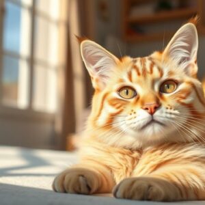 A healthy, serene cat with a glossy coat lounging in a sunlit room, symbolizing wellbeing.
