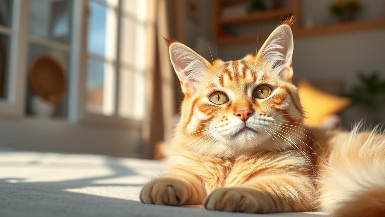 A healthy, serene cat with a glossy coat lounging in a sunlit room, symbolizing wellbeing.