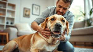 A person carefully performs first aid on a dog that is choking.