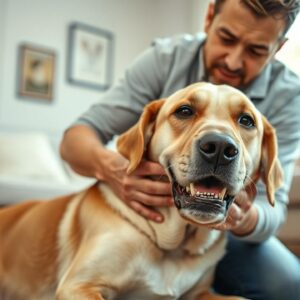 A person carefully performs first aid on a dog that is choking.