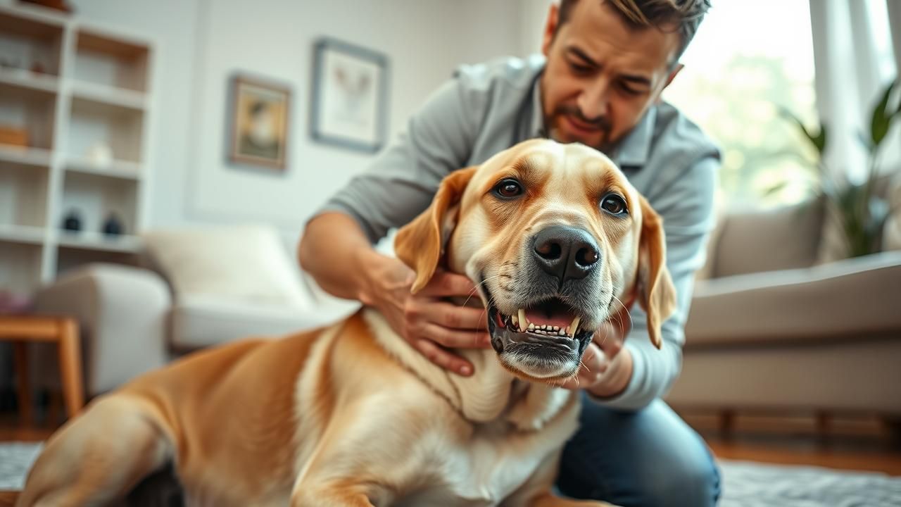 A person carefully performs first aid on a dog that is choking.