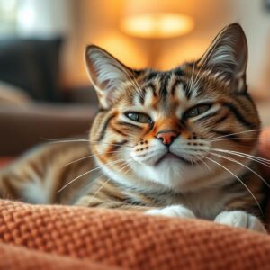 A realistic photo of a cat with cold symptoms sneezing while resting on a soft, cozy blanket.