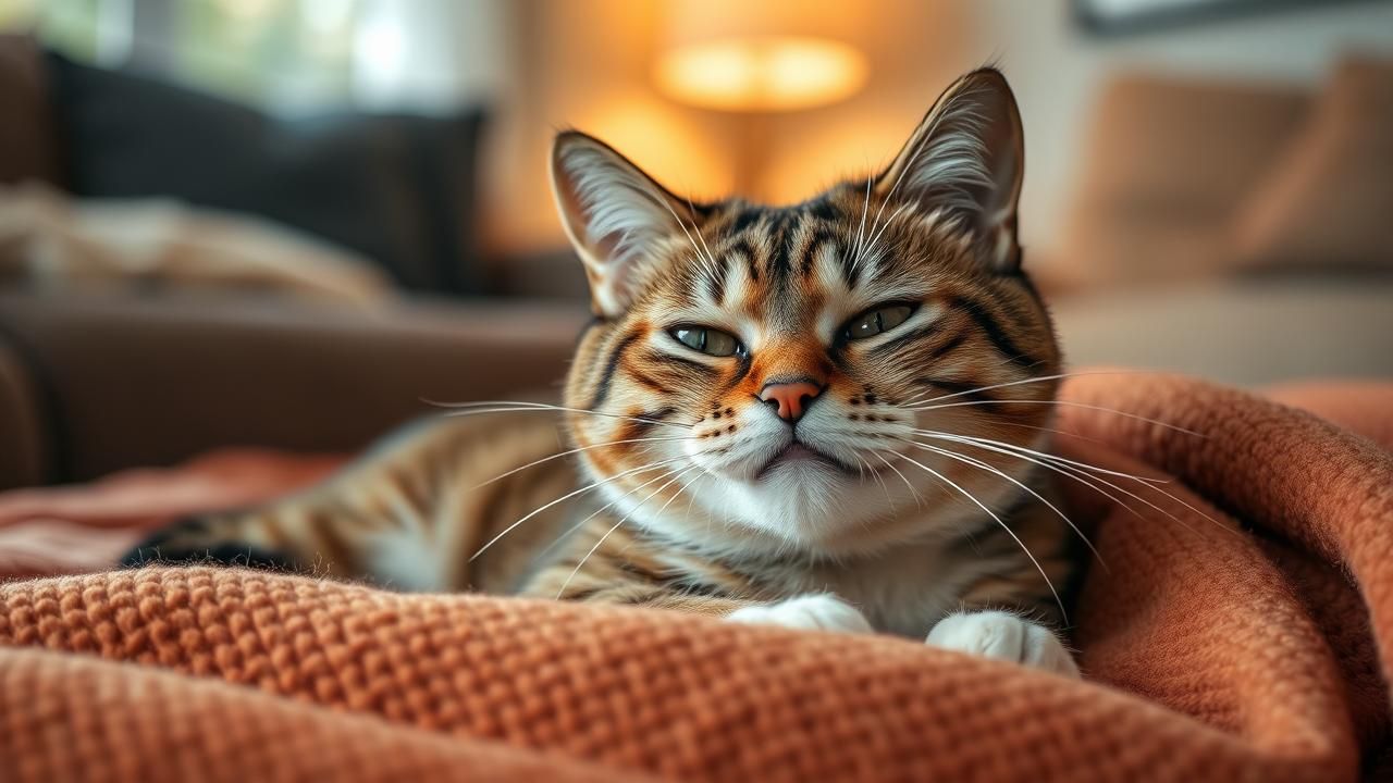 A realistic photo of a cat with cold symptoms sneezing while resting on a soft, cozy blanket.