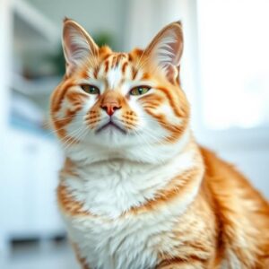 A healthy, happy cat in a bright, clean home, looking content and relaxed.