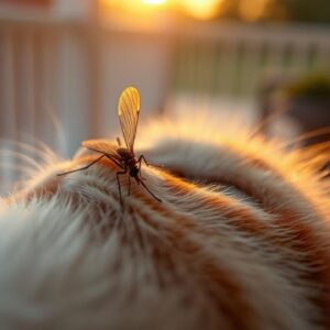 A realistic close-up image of a mosquito on a cat's fur, highlighting the risk of bites.