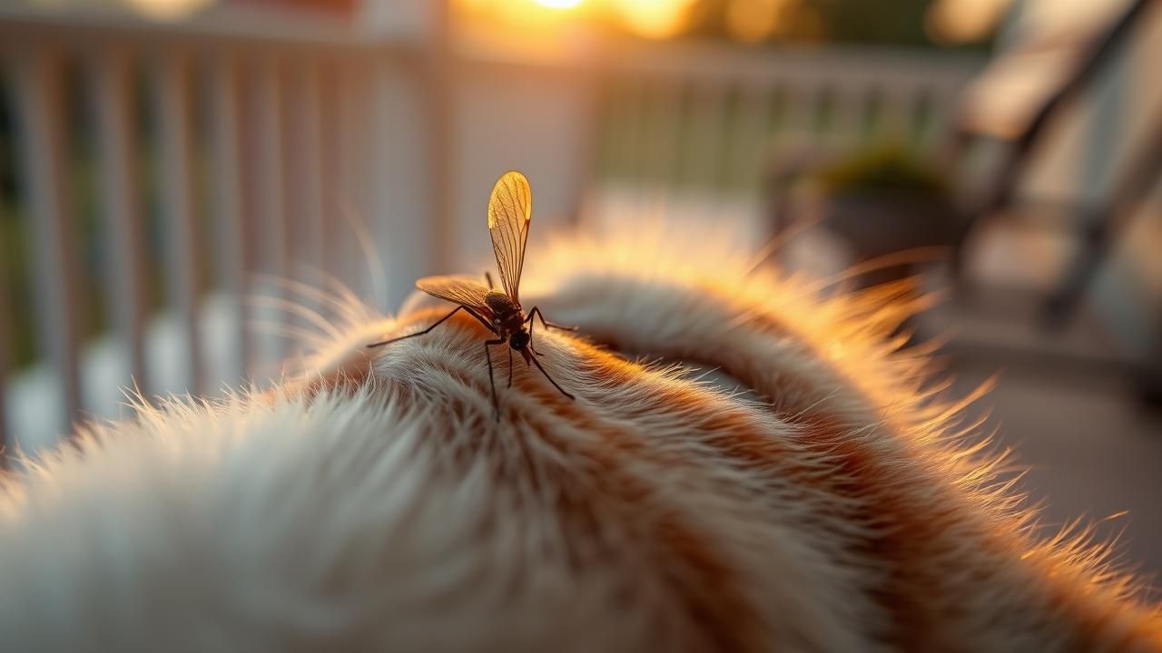 A realistic close-up image of a mosquito on a cat's fur, highlighting the risk of bites.