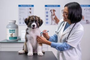 A friendly dog receiving a vaccine from a caring veterinarian in a clean clinic.