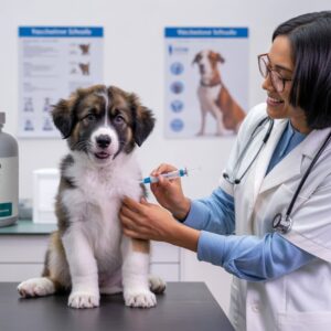 A friendly dog receiving a vaccine from a caring veterinarian in a clean clinic.