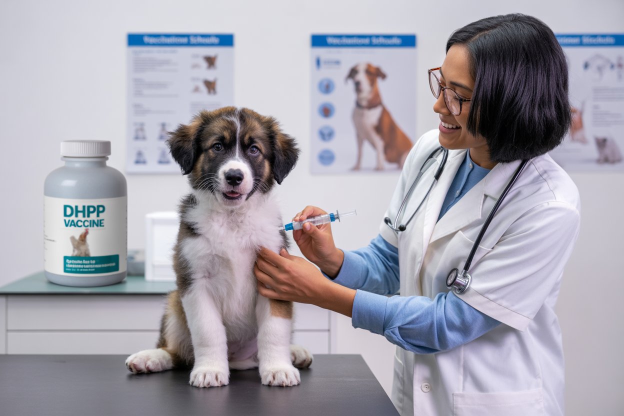 A friendly dog receiving a vaccine from a caring veterinarian in a clean clinic.