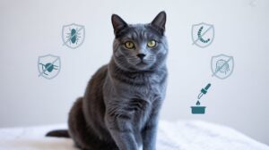 A healthy cat next to a clean litter box with dust-free, hypoallergenic cat litter.