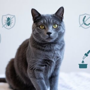 A healthy cat next to a clean litter box with dust-free, hypoallergenic cat litter.