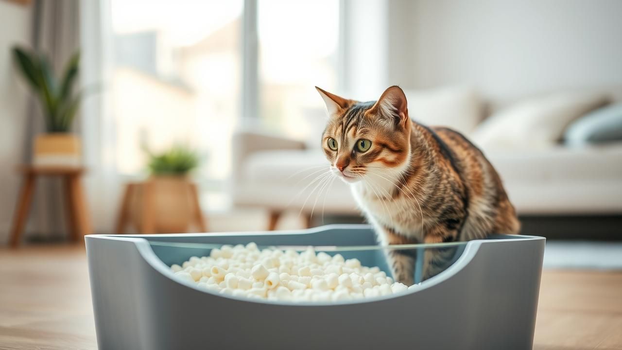 A healthy cat next to a clean litter box with dust-free, hypoallergenic cat litter.