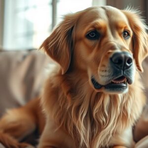 A Golden Retriever on a sofa with a worried expression, as if about to cough or wheeze.