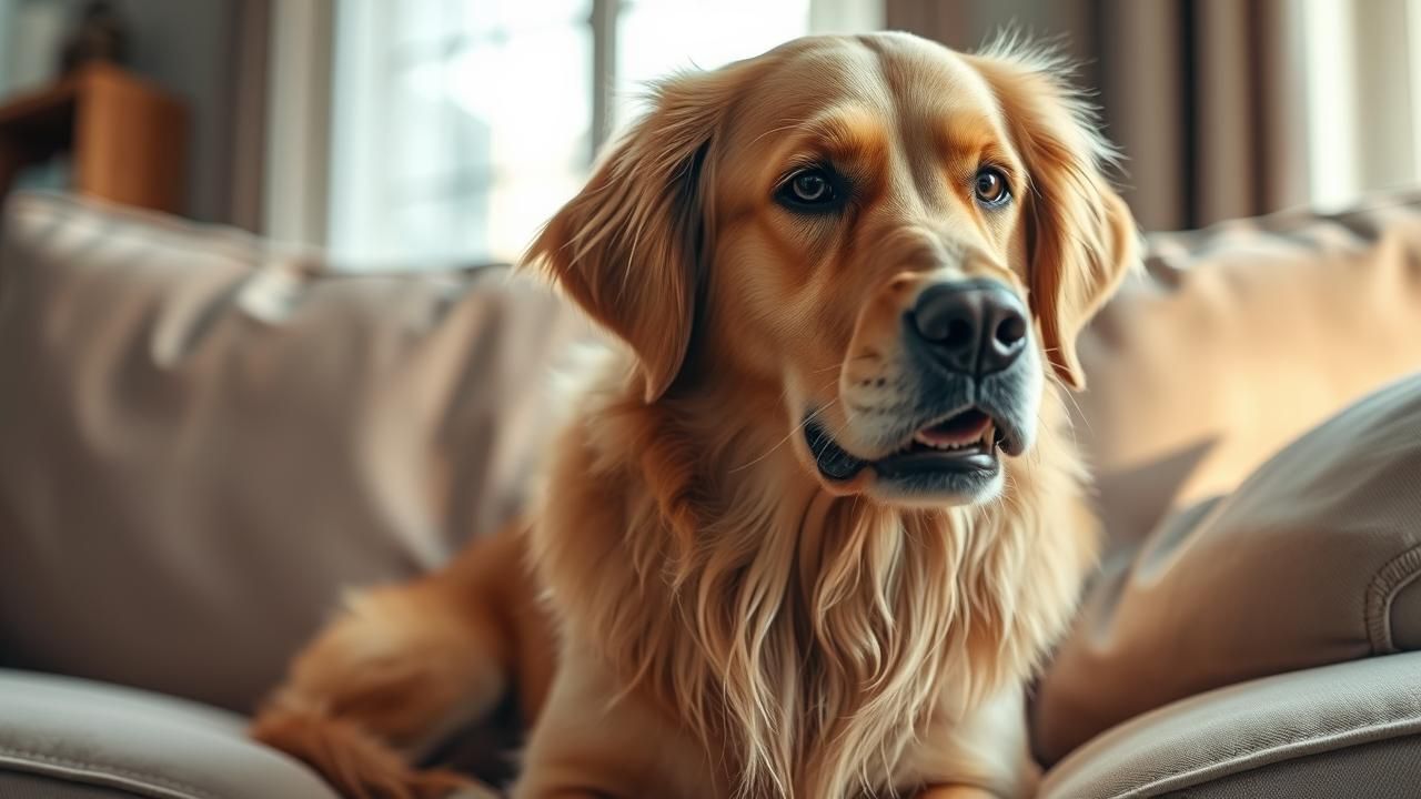 A Golden Retriever on a sofa with a worried expression, as if about to cough or wheeze.