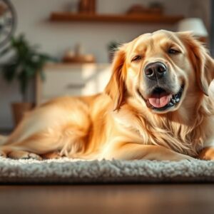 A happy dog, relieved from itching, rests peacefully in a cozy, sunlit home setting.