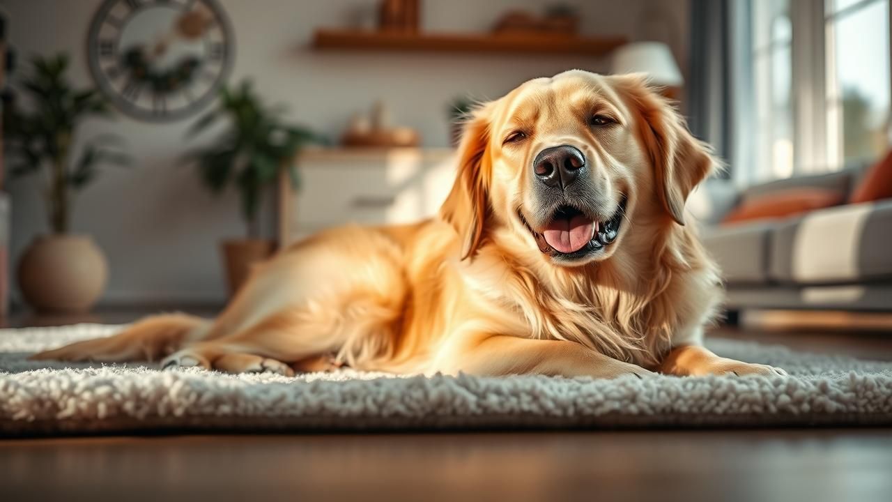 A happy dog, relieved from itching, rests peacefully in a cozy, sunlit home setting.
