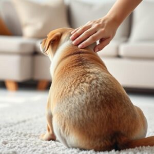 A concerned dog looks back at its tail while a comforting hand rests on its back.