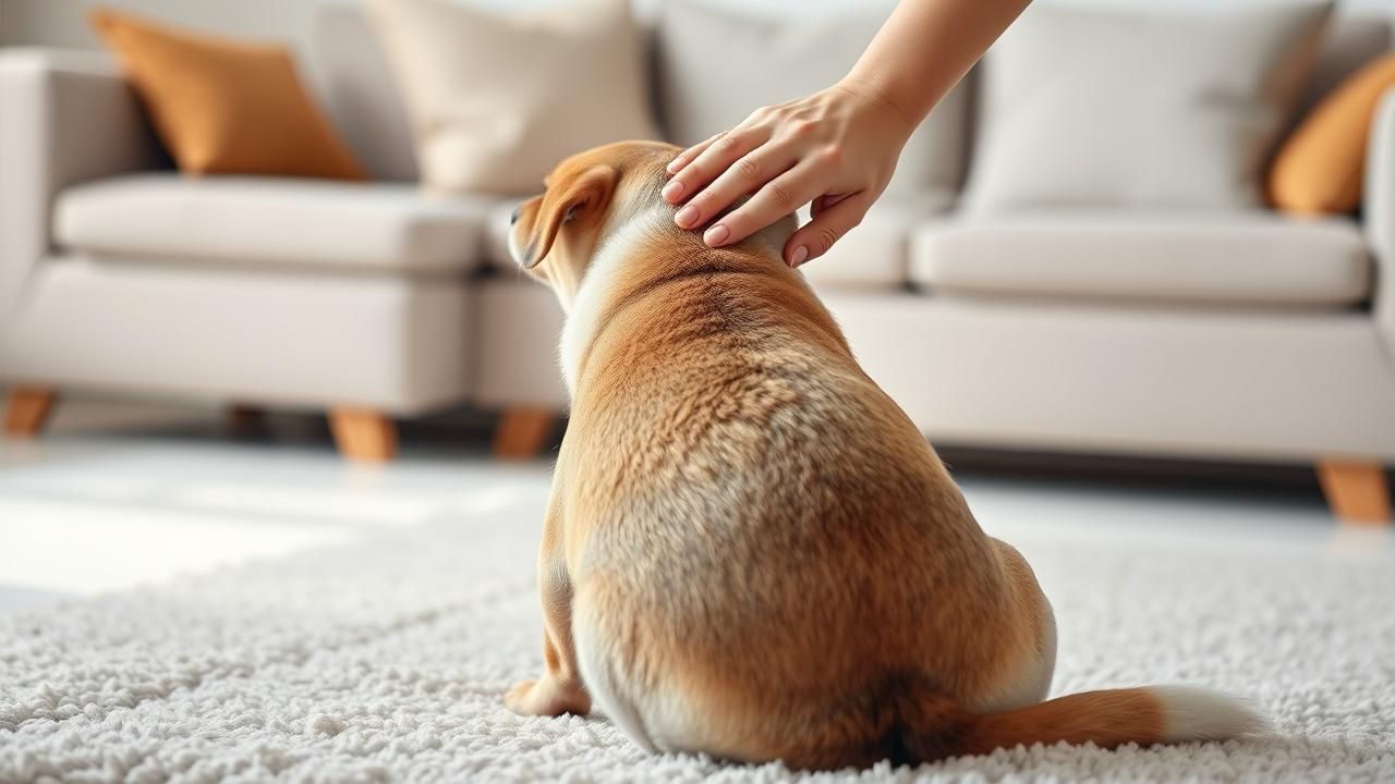 A concerned dog looks back at its tail while a comforting hand rests on its back.