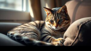 A sad cat curled up on a couch, subtly showing signs of discomfort or pain.