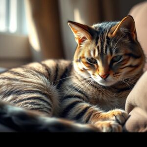 A sad cat curled up on a couch, subtly showing signs of discomfort or pain.
