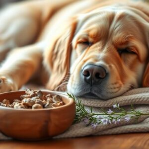 A peaceful dog resting beside a bowl of valerian root, symbolizing natural anxiety relief.