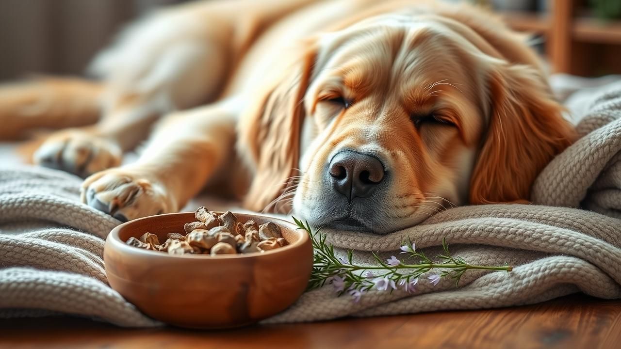 A peaceful dog resting beside a bowl of valerian root, symbolizing natural anxiety relief.
