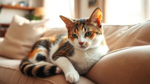 A female domestic cat rubs its face on a blanket, showing signs of being in heat.