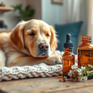A calm dog rests peacefully next to a bottle of valerian root extract, embodying natural anxiety relief.