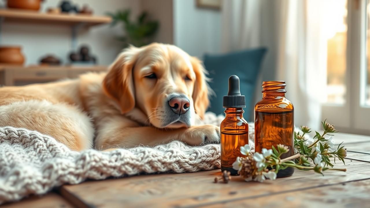 A calm dog rests peacefully next to a bottle of valerian root extract, embodying natural anxiety relief.