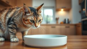 A cat sniffs suspiciously at the water in its bowl, looking reluctant to drink.