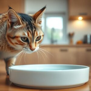 A cat sniffs suspiciously at the water in its bowl, looking reluctant to drink.